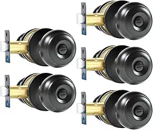 KAMOTA Privacy Door Knobs, 5 Pack Matte Black Heavy-Duty Door Knobs, Interior Keyless Doorknob, Left and Right Hand Reversible, for Bed and Bathroom