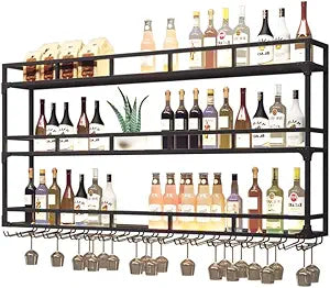 Large Heavy Duty 59in Wine Rack with LED Wall Mounted Bottle Glass Holder Under Shelf, 3-Tiers Liquor Floating Shelves Display Storage Organizer Hanging Long Stemware Goblet Metal for Home Bar