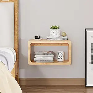 Bamboo Floating Nightstand with Storage Drawer and Modern Open Shelf CubbyBedroom, Living Room, Kitchen, Tool Room for use. (Natural, Prepare for Departure)