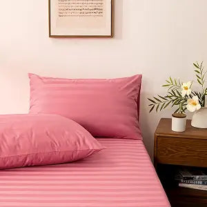 Twin Cotton Stripe Fitted Sheet & Pillowcase Set,2 Piece,Pink
