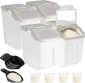 25lb Large Flour and Rice Storage Container 4 Pack, BPA Free Plastic Bin with Wheels and Seal Lid for Kitchen Pantry Dry Food Organization - Grey