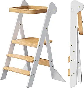 COSYLAND Foldi Foldable Toddler Kitchen Stool - Adjustable Height Toddler Standing Tower with Net & Safety Feet, IF Award-Winning Wooden Learning Step Tower for Kids 18M-6Y, White & Natural