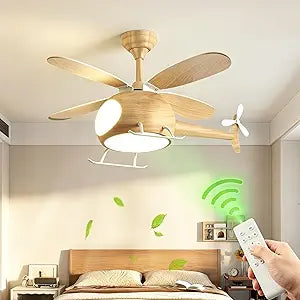 Children's Bedroom Ceiling Fan With Lights,Dimmable Kids Room Cartoon Ceiling Fan Lamp,Helicopter Model Wood Grain Airplane Pendant Light Decoration Fixtures,Remote Control Speed,Hydrographic Printing