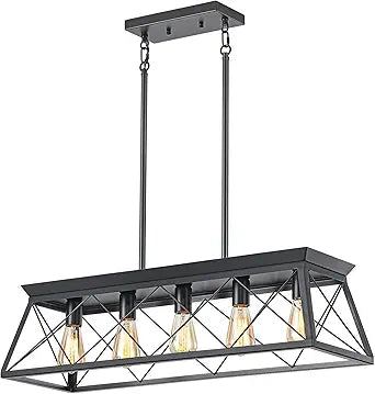 5-Light Farmhouse Pendant Light for Dining Room, Rustic Kitchen Island Lighting, Adjustable Height Chandeliers for Kitchen, Dining Room Table Black