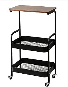 3-Tier Metal Rolling Utility Cart with Walnut-Textured Top on Wheels Craft Cart and Side Table for Bedside, Kitchen, Office, Bathroom & Craft Room