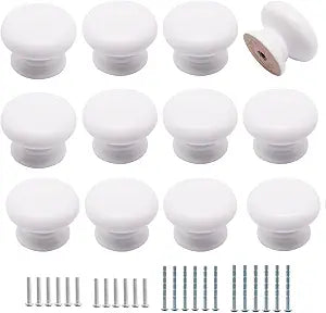 12pcs Wooden Cabinet Knobs, Wood Dresser Knobs Kitchen Cabinet Knobs Modern Round Knobs for Furniture Cupboard Dresser Drawer Closet Door (White)