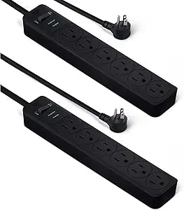 Amazon Basics Rectangle 6-Outlet Surge Protector Power Strip with Circuit Breaker, 600 Joule, 2ft Cord, Black, 2-Pack