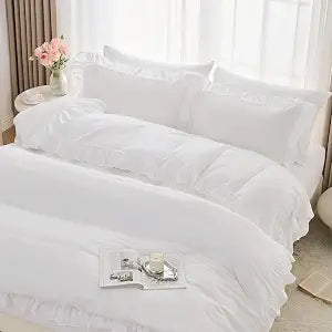 Horbaunal 5 Pcs White Ruffle Duvet Cover Full Size Soft Microfiber Shabby Chic Ruffled Duvet Cover Set, Vintage French Country Ruffle Bedding Set with Zipper Closure & Corner Ties, 80" x 90"