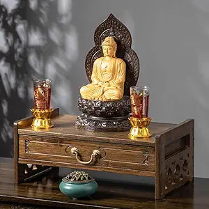 Altar Table with Storage, Small Meditation Table, Natural Bamboo Puja Table with Drawer, Alter Cabinet for Witch Wiccan Buddhist Shrine Prayer Stand Riser Home Decor
