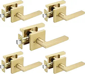 Haidms Gold Door Handles Interior, Brushed Gold Privacy Door Handle, Zinc Alloy Brushed Brass Door Handles for Bedroom, Bathroom, Heavy Duty Modern Square Interior Door Handles (5 Pack)