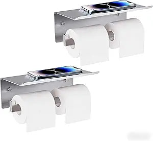 Double Toilet Paper Holder with Shelf, 304 Stainless Steel Wall Mount Commercial Toilet Paper Dispenser, Double Tissue Roll Holder for Bathroom, 2 Pack Brushed Nickel