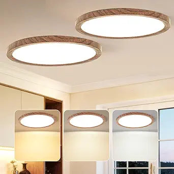 Kimjo 2 Pack 12 Inch 24W Modern Flush Mount Ceiling Light, 3 Color Temperature Walnut Wood Grain Flat Ceiling Light Fixture Led Lights for Bedroom Kitchen Bathroom Hallway