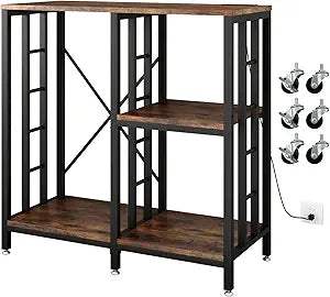 METYERRY Adjustable Kitchen Bakers Rack with Power Outlet,4-Tier Microwave Stand Kitchen Cart,Mini Fridge Stand with Storage,Bar Cabinet,Suitable for Office,Coffee Bar,Living Room,Patio,Rustic Brown