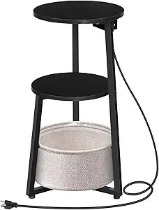 HOOBRO Small Round Side Table with Charging Station, Round End Table with Cotton Linen Storage Basket, Compact Sofa Side Table Nightstand for Small Space, Corner, Living Room, Black BB169UBZ01