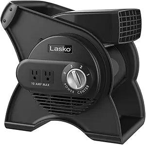Lasko Portable Utility Fan, 12Γ 289 CFM Pivoting High Velocity Air Mover Blower Fan, 3 Speeds, 2 Accessory Outlets 120V, Black, U12104