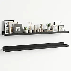Floating Shelves Wall Mounted Set of 2, 36 Inch Long Picture Ledge Shelf with Lip, Metal Floating Shelves for Storage, Wall Shelves for Living Room, Bedroom, Bathroom, Kitchen, Black