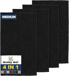 Muddy Mat 4-Piece Black Medium 30"X19" AS-SEEN-ON-TV Highly Absorbent Microfiber Door Mat, Bath Mat and Pet Rug, Non Slip Thick Washable, Soft Chenille for Kitchen Bathroom Bedroom Indoor and Outdoor