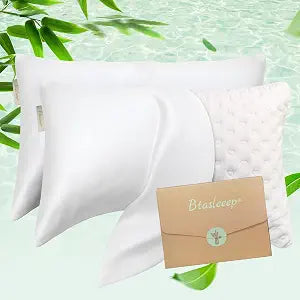 Cooling Curved Pillowcase for Side Sleeper Pillow - Rayon Derived from Bamboo Pillowcase with Zipper, Breathable and Soft Silky Cover for Hot Sleeper Protecting Hair & Skin Queen Size 2 Pack, White
