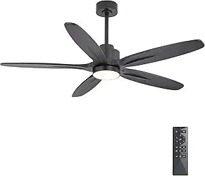 WINGBO 54" Ceiling Fan with Light - 5 Carved Solid Wood Blades, 6-Speed Reversible DC Motor, Dimmable, 3CCT, Noiseless Remote Control Ceiling Fans with Lights for Bedroom Living Room, Matte Black