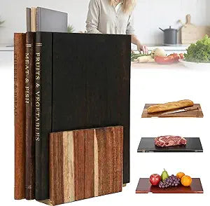 Book Shaped Wood Cutting Boards for Kitchen & Meat Cutting Board Set - 3-Piece Decorative Cutting Boards with Stand, Acacia and Walnut, Charcuterie Platter for Mother's Day & Book Lovers