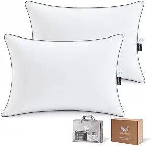 Goose Feather and Down Bed Pillows Queen Size Set of 2, Luxury 3-Chamber Pillows with Soft & Down-Proof Cover, Fluffy Plush Hotel Bed Pillows for Side, Back & Stomach Sleepers