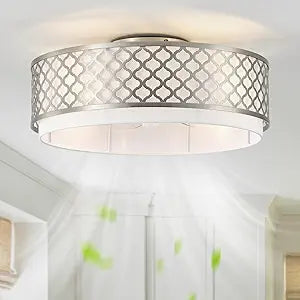 20" Silver Flush Mount Ceiling Fan with Light, Boho Ceiling Fans with Lights Low Profile, Enclosed with Remote Control 6 Speeds for Living Room, Bedroom, Nursery