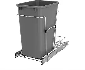 Rev-A-Shelf Single 35 Qt Pullout Trash Can for Base Kitchen Cabinets, Garbage Waste Bin System with Full Extension Slides, Min Opening Width of 11.5", Metallic Silver, RV-12KD-17C S