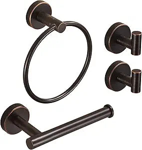 Bronze Toilet Paper Holder Towel Holder Towel Hooks,Oil Rubbed Toilet Paper Roll Holder Towel Ring Bathroom Hardware Set,Wall Mounted Rustic Farmhouse Rustproof Stainless Steel Bath Accessories 4PC