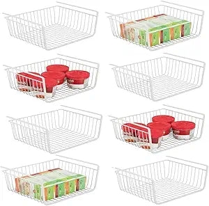 8 PACK 12in Hanging Under Shelf Storage Basket Kitchen Cabinet Organizer Storage, Slides Under Wire Shelves for Counter Pantry Desk Bookshelf, White