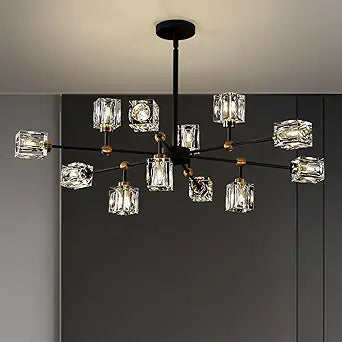 Modern Sputnik Chandeliers 12-Light Crystal Chandelier Adjustable Height Black and Gold Pendant Light Sputnik Ceiling Light Fixture for Kitchen Island Dining Room Living Room Bedroom G9 Base