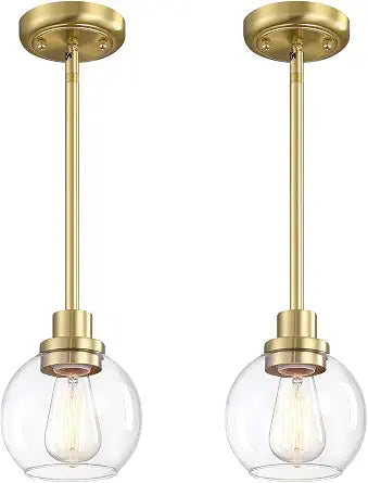 gernehop 2 Pack Globe Pendant Light Gold Mid Century Modern Light Fixture, Clear Glass Pendant Lights Kitchen Island Pendant Lights Brushed Brass Finished with Clear Glass Lampshade