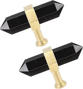 TUMBEELLUWA Pack of 2 Black Obsidian Crystal Points Cabinet Knobs with Screws, Brushed Brass Hexagonal Crystal Stone Prisms Handle Pulls for Kitchen and Home Decor, Golden