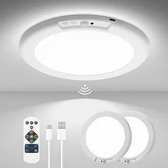 wowatt 2Pcs Battery Operated Ceiling Lights Rechargeable Motion Sensor Light Indoor Wireless Shower Light with Remote 3000K 4500K 6500K 7.48in Dimmable Timing Motion Activated Lamp for Closet Shower