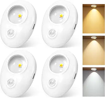 Motion Sensor Puck Lights 4 Pack, USB-C Rechargeable Under Cabinet Lights, 3 Color Temperatures Dimmable Magnetic Closet Lights for Kitchen Cabinets, Pantry, Shelf, Drawer, White