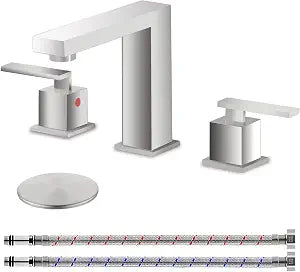 KINGO HOME 3 Hole Brushed Nickel Bathroom Faucet, 8 Inch 2 Handle Modern Widespread Bathroom Sink Faucet, Vanity Basin Sink Faucet with Supply Hoses and Pop-Up Drain Stopper