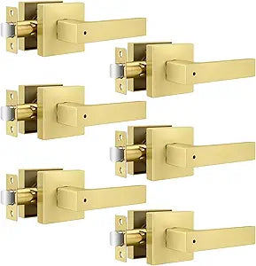 Goldenwarm Gold Door Handles Privacy, Zinc-Alloy Brushed Gold Door Handles Interior, Square Interior Door Handle with Keyless Privacy Lock for Bedroom, Bathroom, Office Doors - 6 Pack