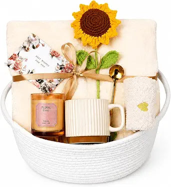 Sunflower Gift Basket for Women  Cozy Self Care Package with Blanket, Candle & Mug | Sunshine Birthday Gift Box for Mom, Sister, Best Friend, Thinking of You Gifts