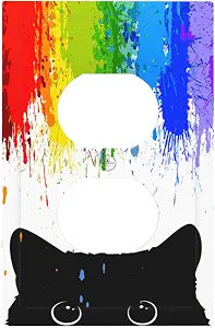 Cute Black Cat Rainbow Colors 1 Gang Duplex Outlet Plate Covers Decorative Light Switch Plate Cover Single Wall Plate Electrical Receptacle Faceplate for Bathroom Kitchen Bedroom Decor