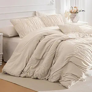 Lady Ann Oversized King Bed Comforter Set- Wheat Ruched Boho 128 x 120 Comforter Set for Bedroom, 3 Piece Fluffy Bedroom Set with Pillow Shams Soft All Season Bed Sets