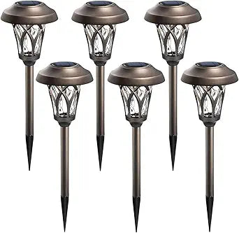 GIGALUMI 6 Pack Solar Pathway Lights Outdoor, Metal Glass & ABS Solar Landscape Lights Waterproof IP65, Warm White Solar Powered Garden Lights for Yard Patio Walkway Driveway (Brown)