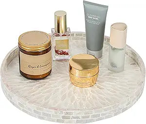 12.5" Lazy Susan for Table Top  Mother of Pearl Spinning Turntable Serving Tray, Marble Lazy Susan Organizer for Dining Table Centerpiece, Kitchen Island Decor, Bathroom Counter, Outdoor Use (White)