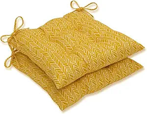 Pillow Perfect Outdoor/Indoor Herringbone Egg Yolk Tufted Seat Cushions (Square Back), 19" x 18.5", Yellow, 2 Count