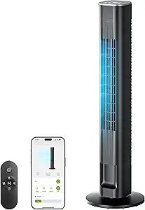 MORENTO Tower Fan for Bedroom, 2026 Upgraded 90┬░ Oscillating 43" Standing Fan with 4 Speeds, 4 Modes, 25ft/s Velocity Bladeless Fan with APP/Voice/Remote/Touch Control, 28dB, 12H Timer, Black 1Pack