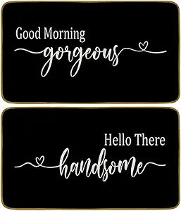 Burosev Good Morning Gorgeous, Hello There Handsome Bath Decorative Doormat, Funny Couple Wedding Gifts Farmhouse Decor for Home Indoor Front Bathroom Non Slip Bath Door Mat Set of 2 (17 x 30 Inch)