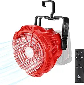 Portable Camping Fan compatible with Milwaukee 18V Battery, Battery Operated Fan with Remote and Dimmable Led Light Function for Camping,Emergency, Job Site