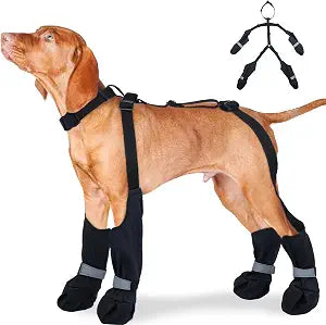 L Black Stay-On Suspender Dog Boots | Anti-Slip Waterproof | Adjustable Dog Shoes Paw Protector for Large Dogs Outdoor Walking Hiking Hot Pavement Winter Snow