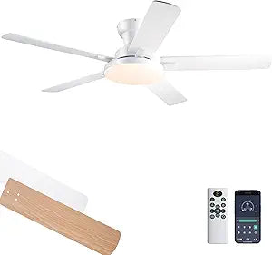 Ceiling Fans with Lights, 52 inch Flush Mount Ceiling fan with Remote Control, Low Profile Ceiling Fan for Bedroom, Farmhouse, Reversible, 3CCT, Dimmable, Noiseless DC Motor, White