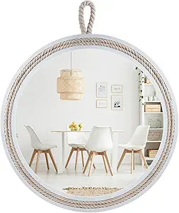 Nautical Round Wall Mirror with Rope 20'' White Circle Hanging Mirror Nursery Coastal Beachy Wall Mirror Decorative Mirror for Bathroom,Livingroom,Entryway-Nautical Theme Dcor