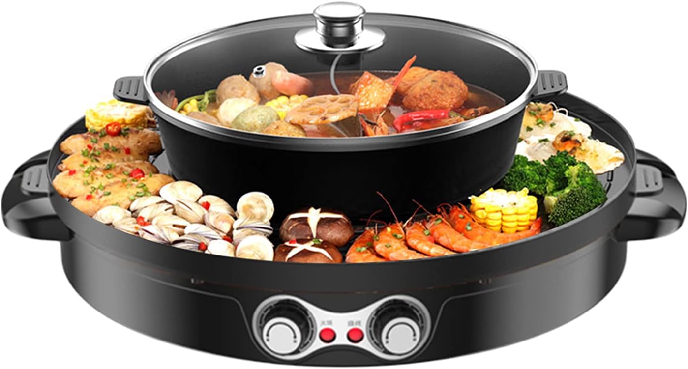 2 in 1 Electric Grill and Hot Pot Separable Cooking Plate Dual Temp Control for BBQ, Steaks, Shabu 2200W