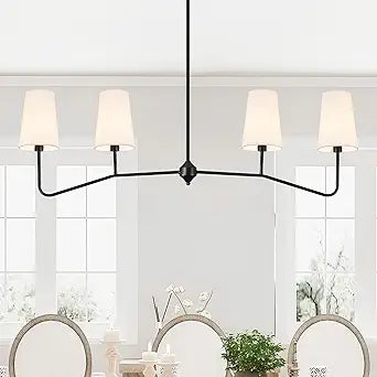 47" Modern Linear Chandelier, 4-Light Black Pendant Light with Fabric Shades, Adjustable Height Ceiling Light Fixture for Kitchen Island, Dining Room, Living Room, Bedroom, ETL Listed